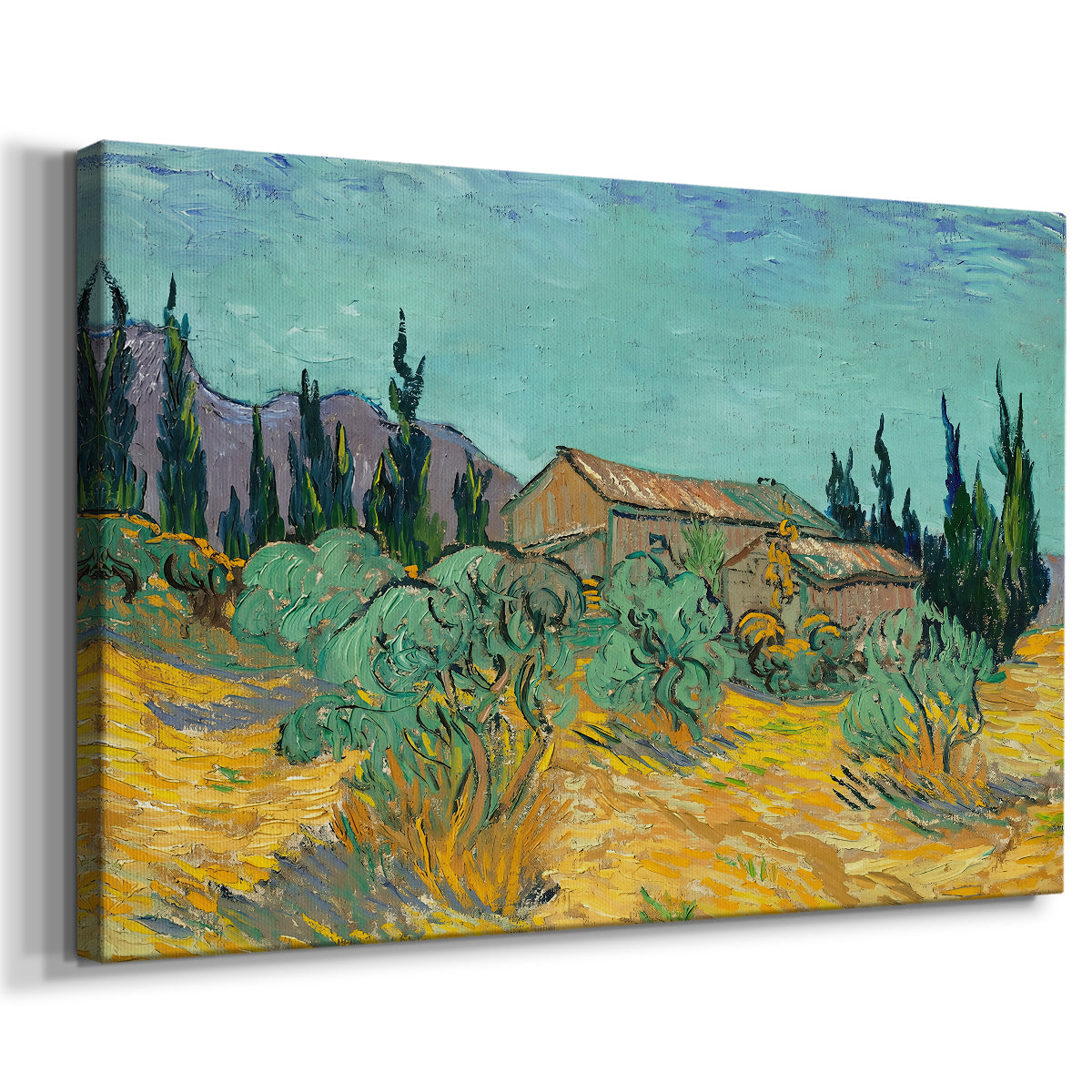 Canvas art print featuring an expressive countryside scene with buildings and vegetation, displayed at an angle