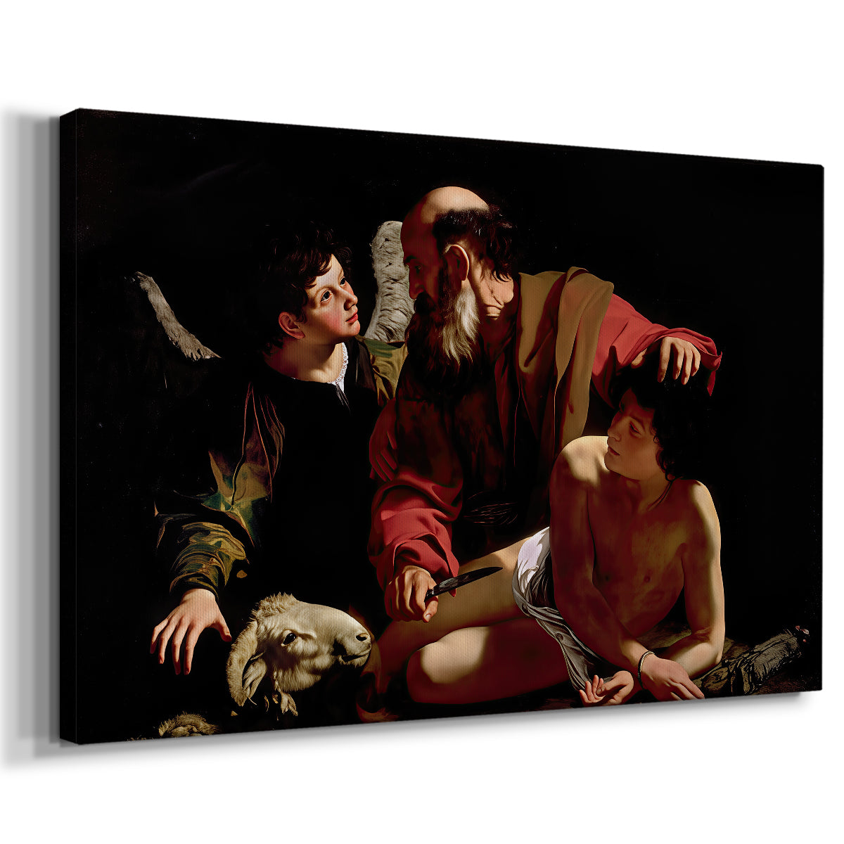 Canvas art print featuring a biblical scene of father about to sacrifice son as angel restrains him, displayed at an angle