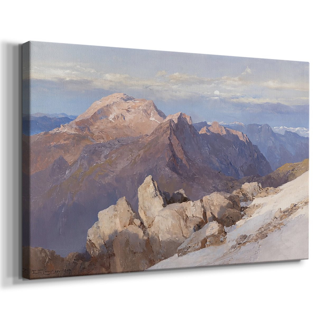 Canvas art print featuring an alpine panorama showing layered peaks and valleys, displayed at an angle