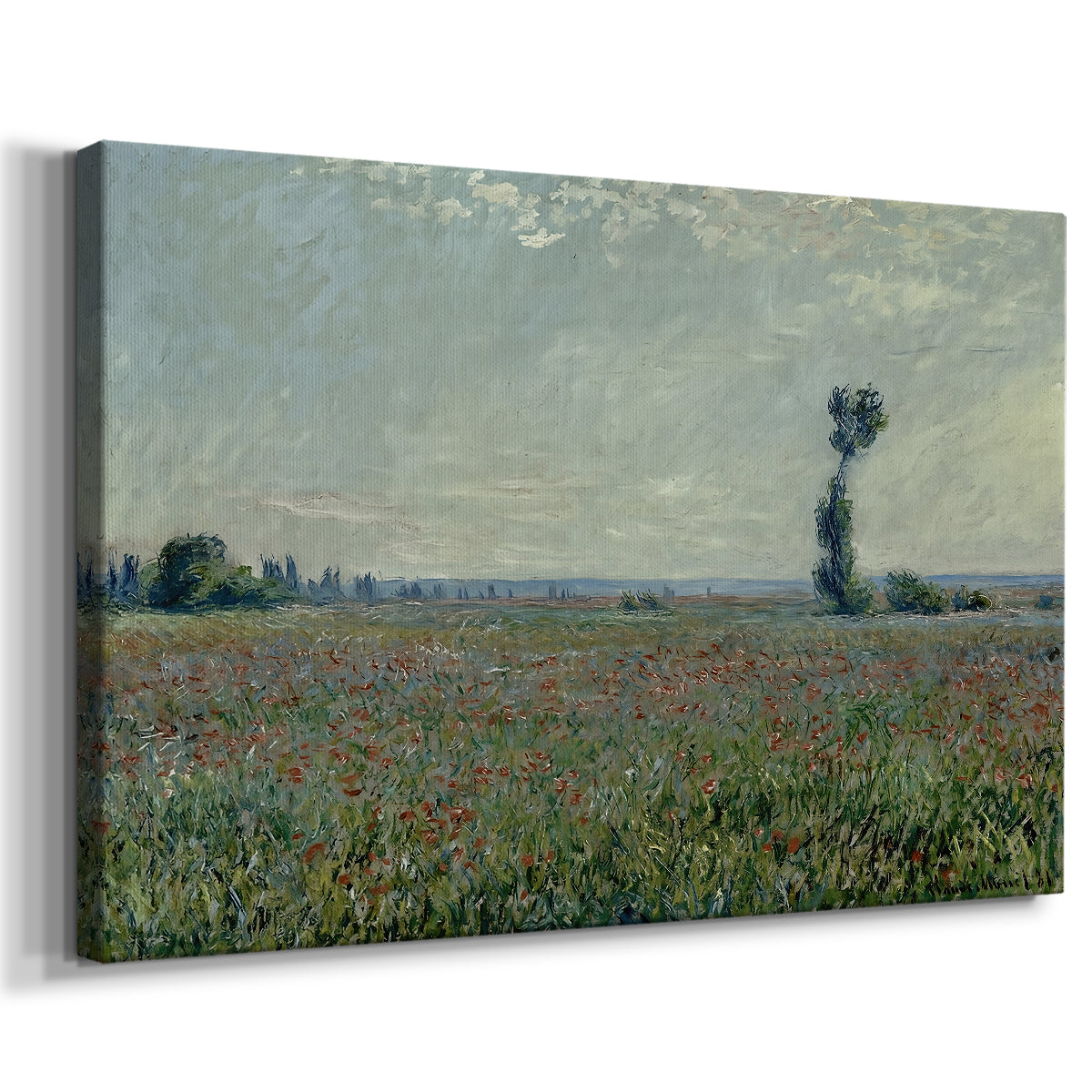 Canvas art print featuring an impressionist landscape filled with blooming flowers and greenery, displayed at an angle