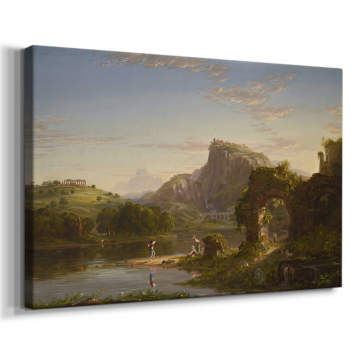 Canvas art print featuring a romantic scene with people enjoying nature in bright setting, displayed at an angle