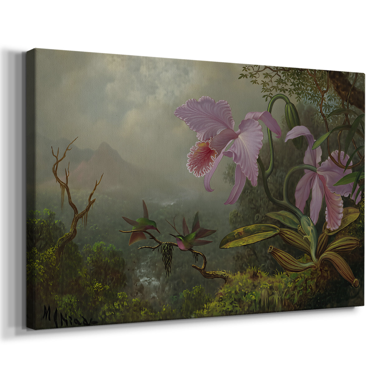 Canvas art print featuring a natural scene with birds and plants, displayed at an angle