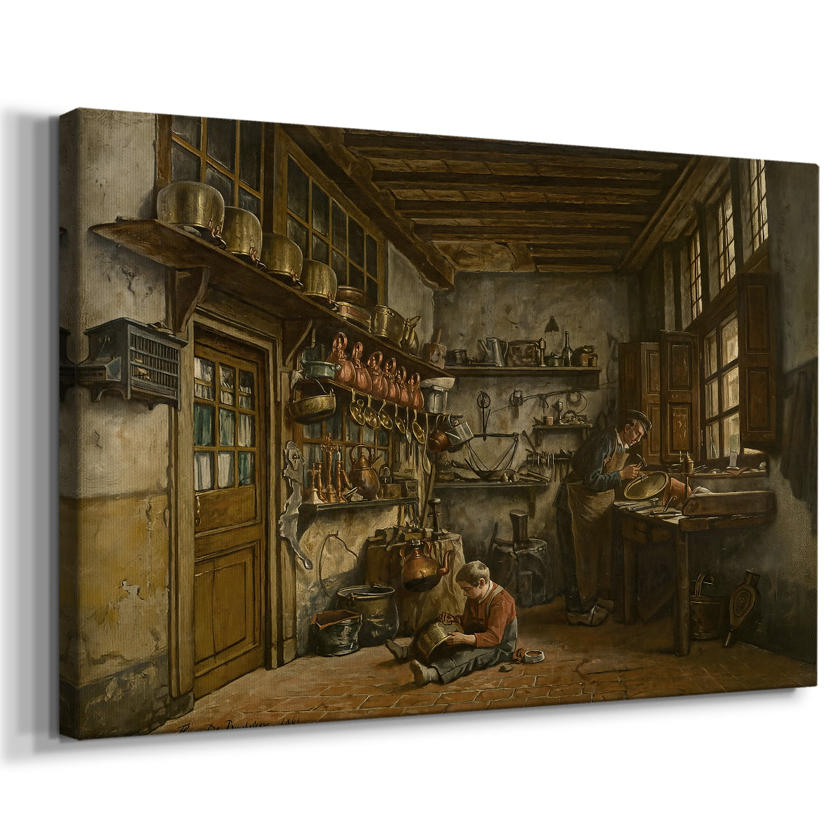 Canvas art print featuring a craftsman seated in workshop surrounded by materials, displayed at an angle
