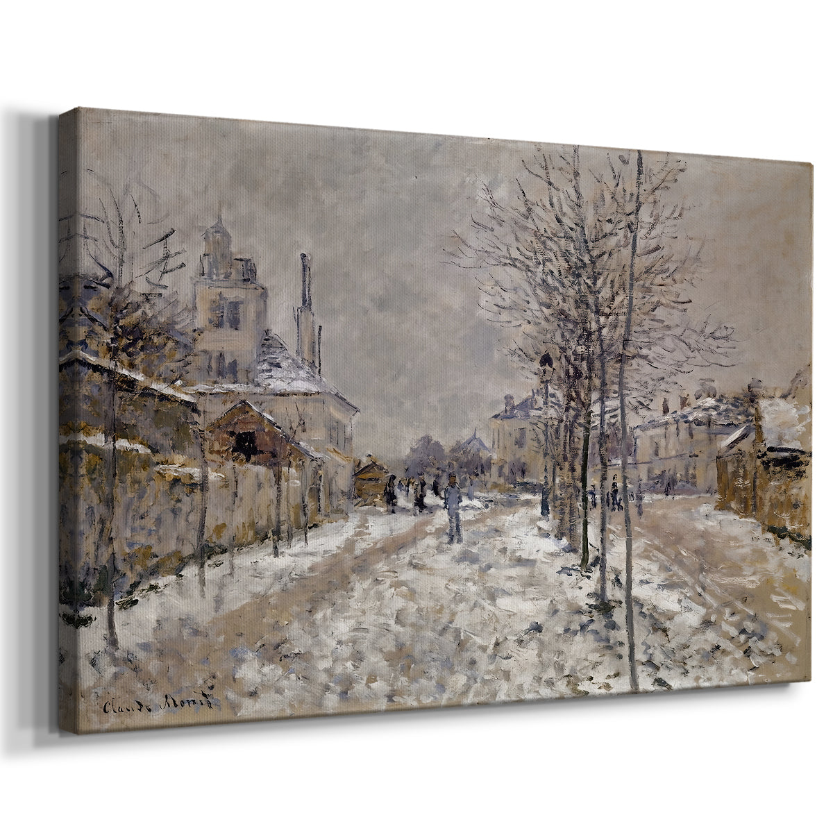 Canvas art print featuring an impressionist winter scene with road and bare trees, displayed at an angle