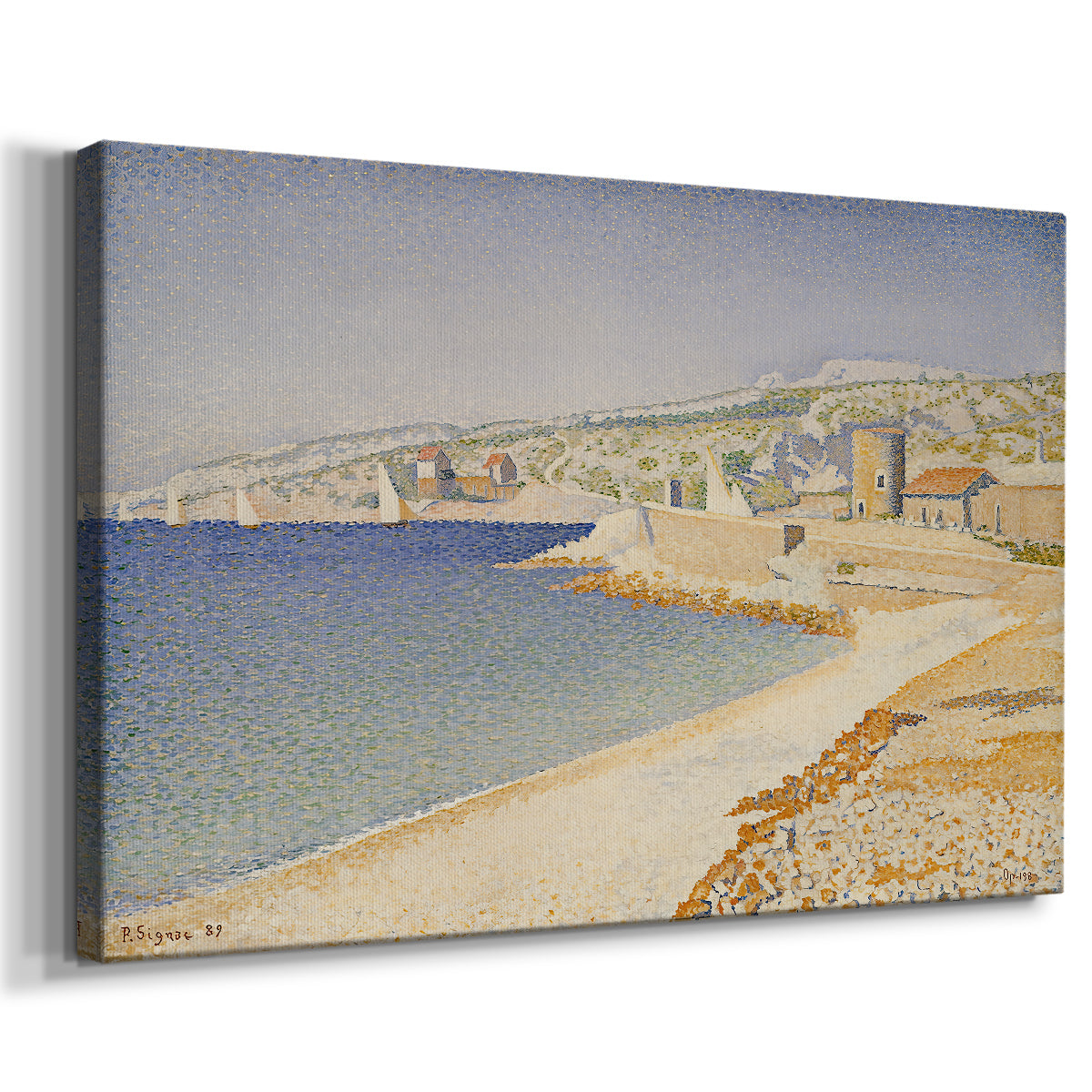 Canvas art print featuring a seaside scene with pier, displayed at an angle