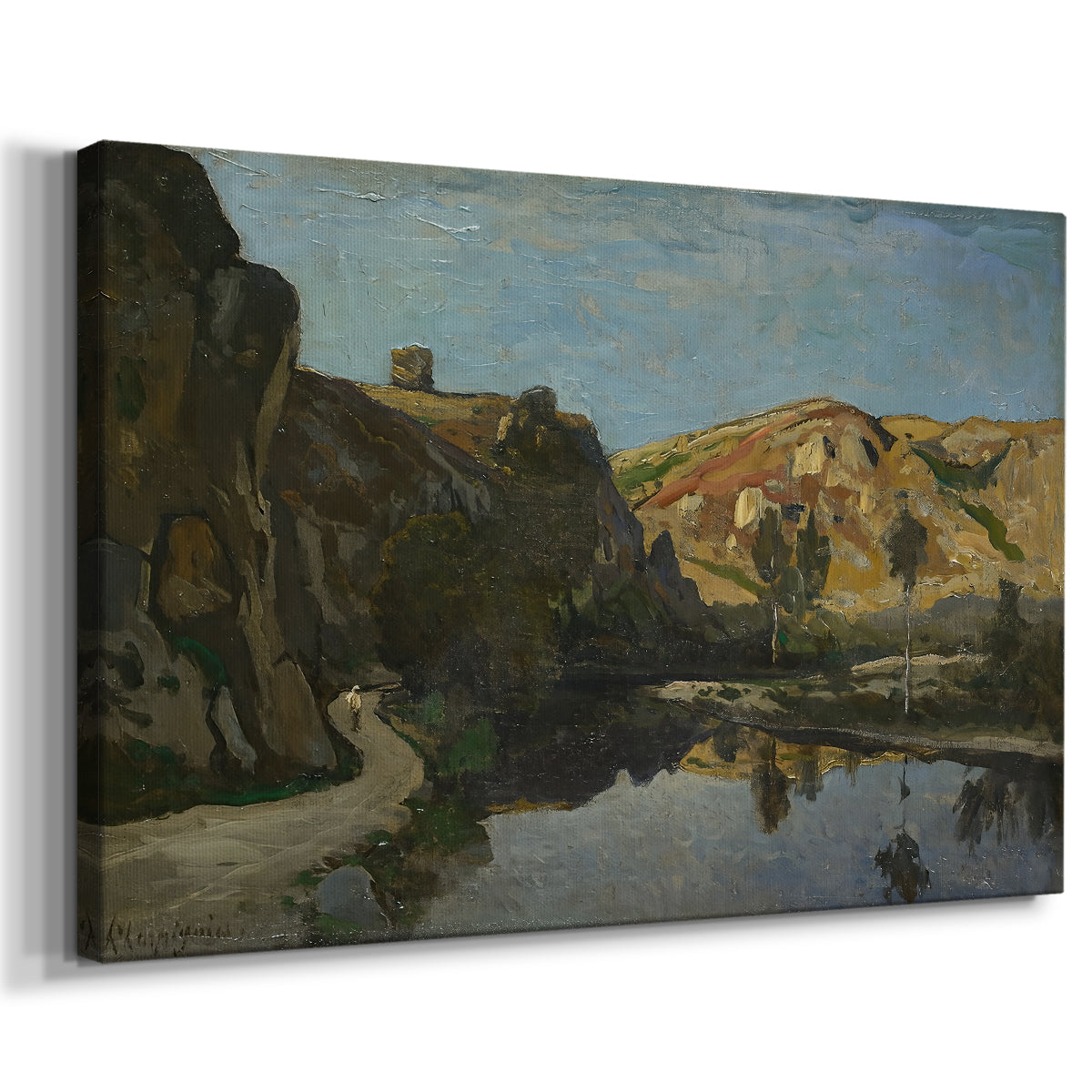 Canvas art print featuring a natural landscape with water and elevated rock formations, displayed at an angle