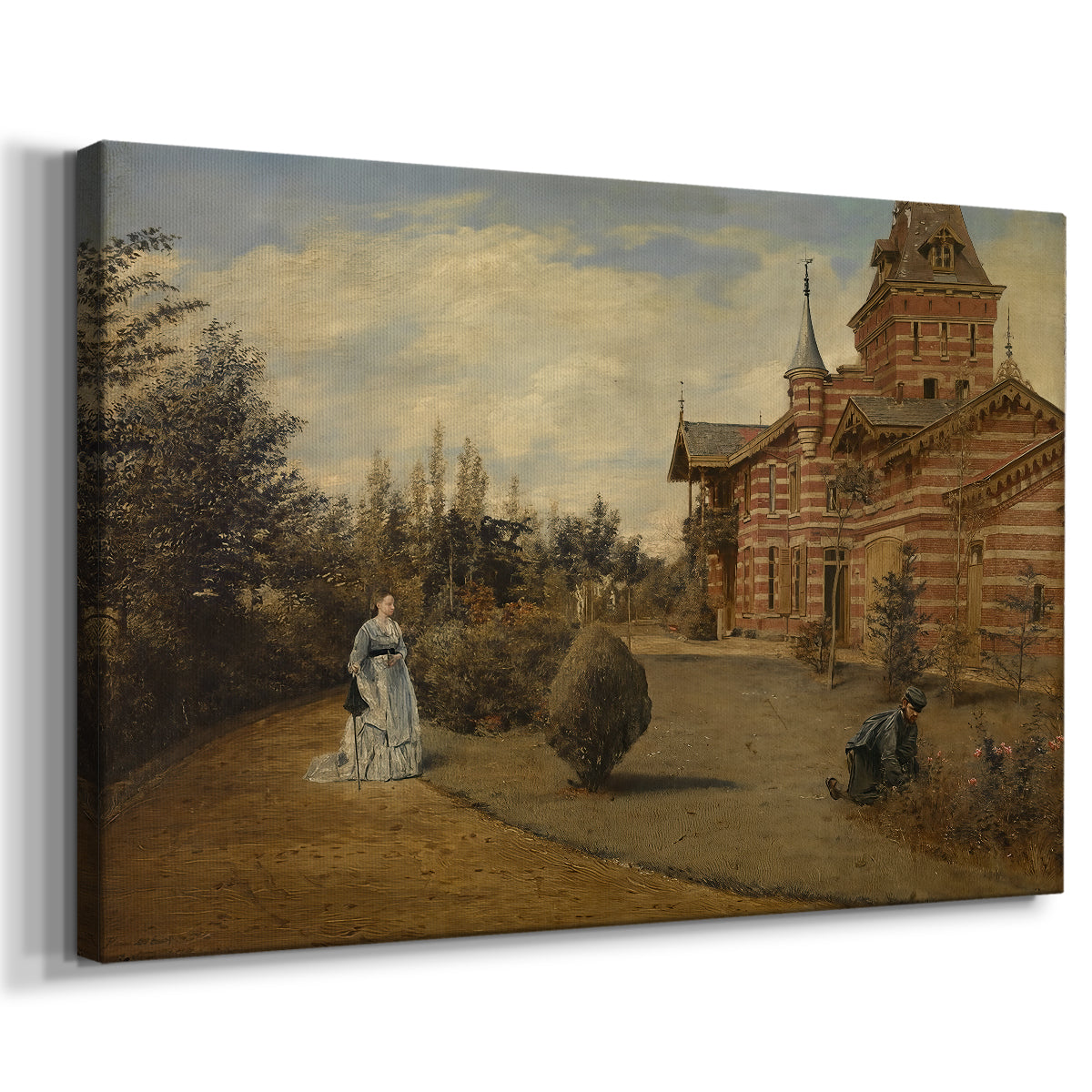 Canvas art print featuring an architectural scene showing residence in village setting, displayed at an angle