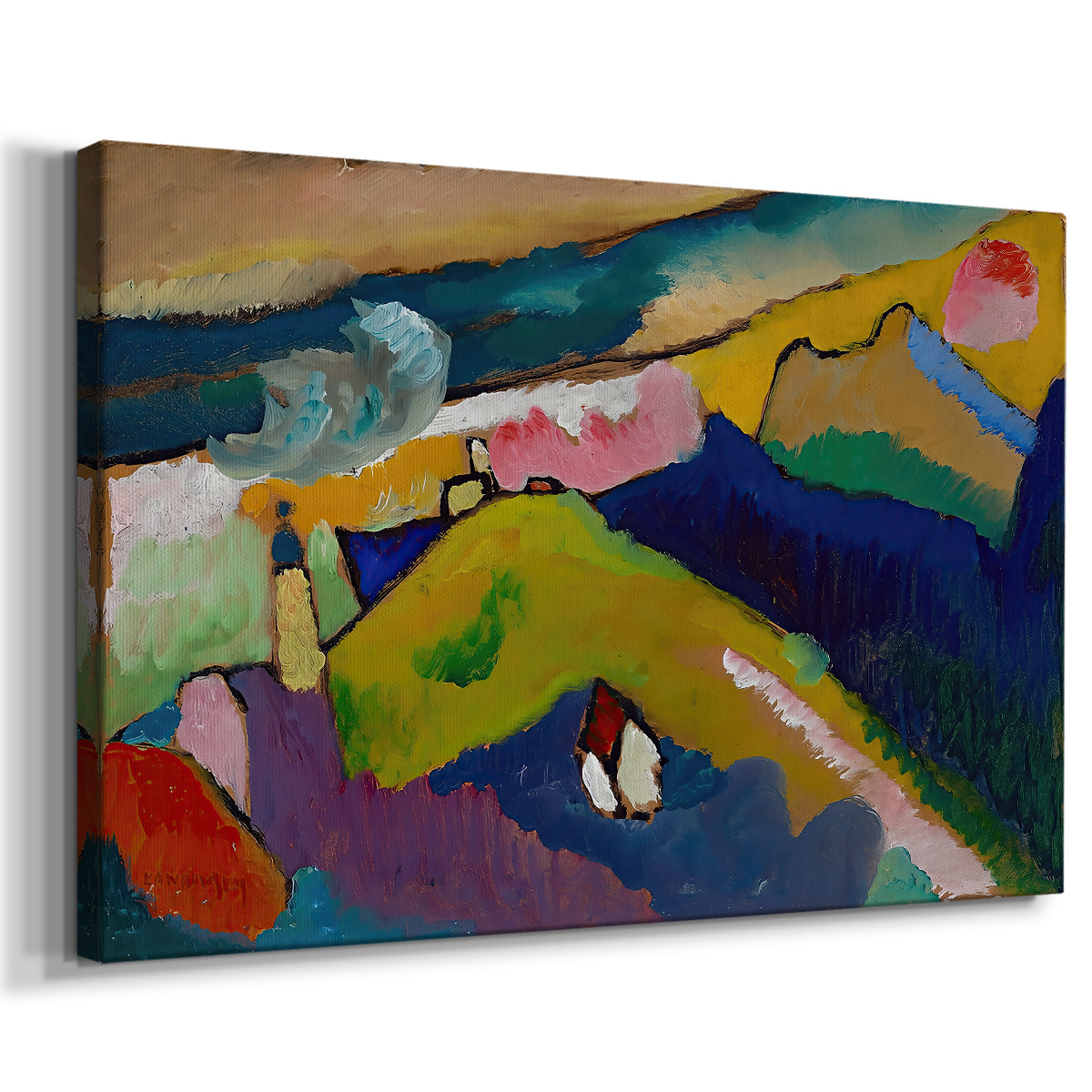 Canvas art print featuring a semi-abstract landscape with architectural focal point and vibrant palette, displayed at an angle