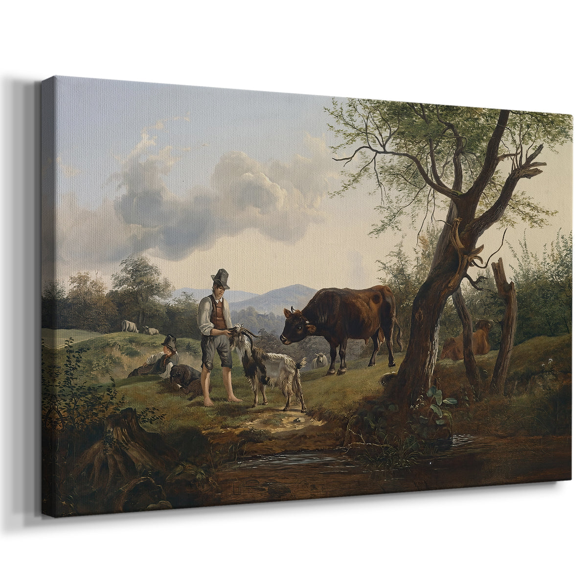 Canvas art print featuring a rural scene with figure and animal, displayed at an angle