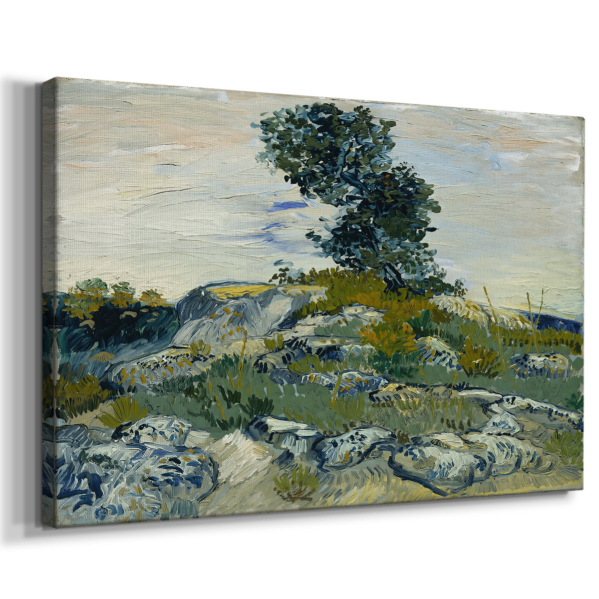 Canvas art print featuring an expressive landscape focusing on texture and earth tones, displayed at an angle