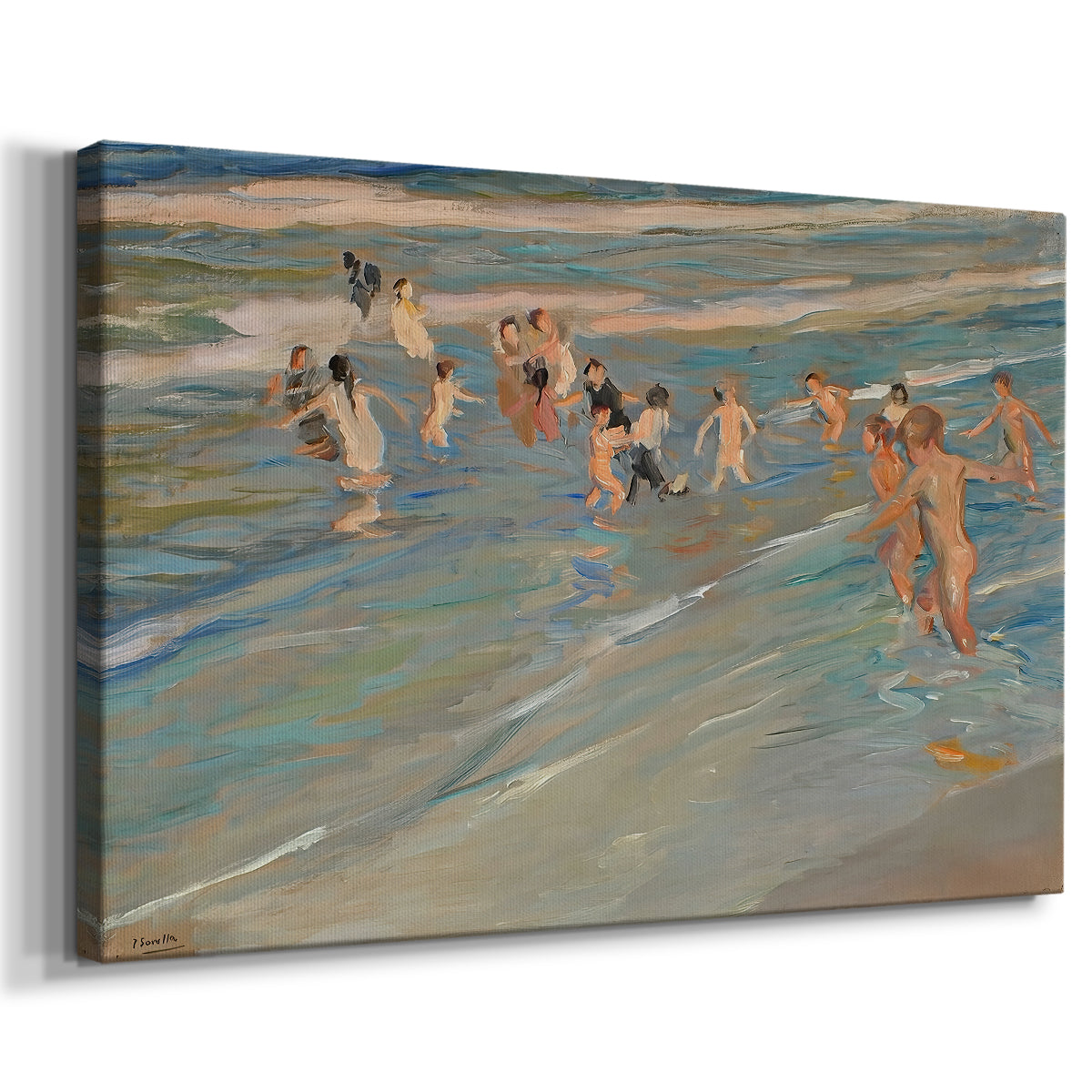 Canvas art print featuring a lively beach scene with kids running near water, displayed at an angle