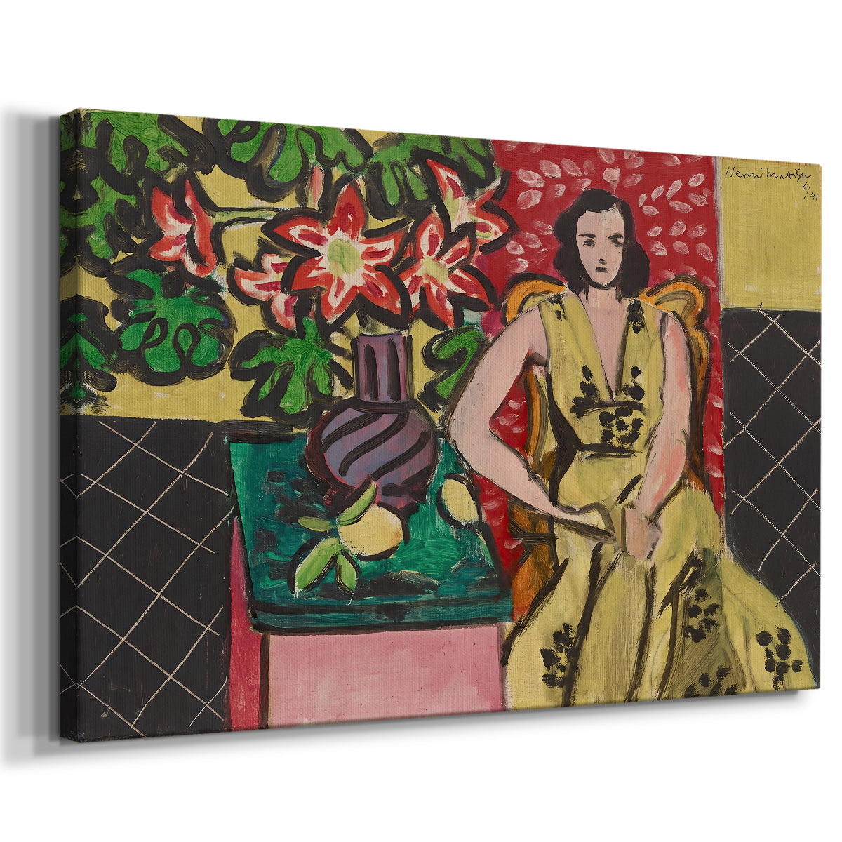 Canvas art print featuring an expressive portrait combining figure and floral still life, displayed at an angle