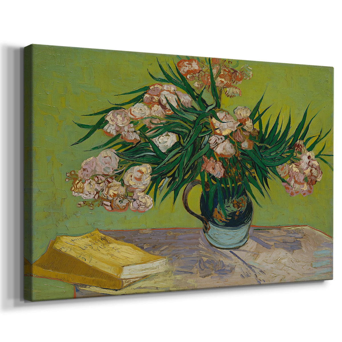 Canvas art print featuring an expressive floral composition with objects arranged on table, displayed at an angle