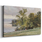 Canvas art print featuring a peaceful lake scene with reflections and surrounding greenery, displayed at an angle