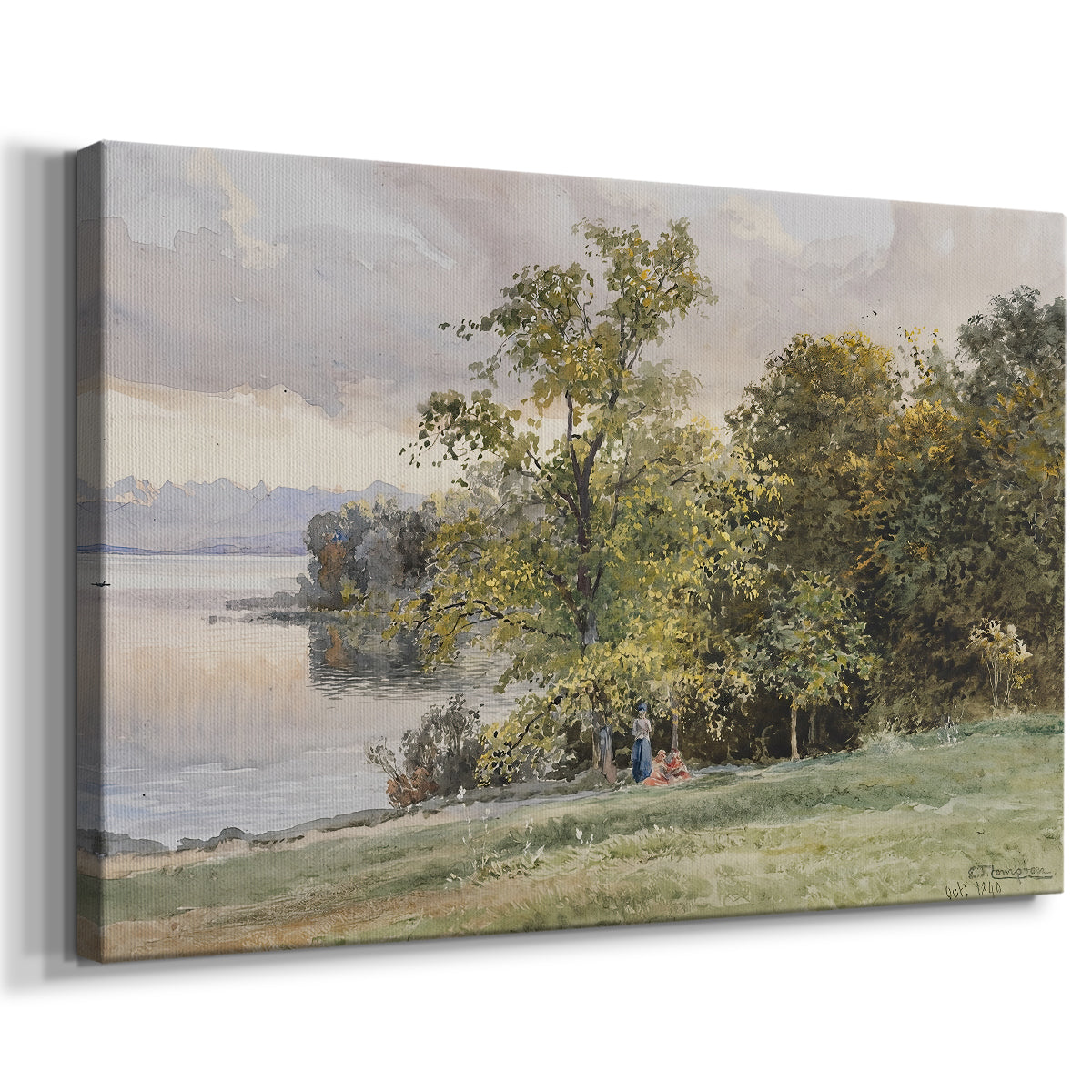 Canvas art print featuring a peaceful lake scene with reflections and surrounding greenery, displayed at an angle