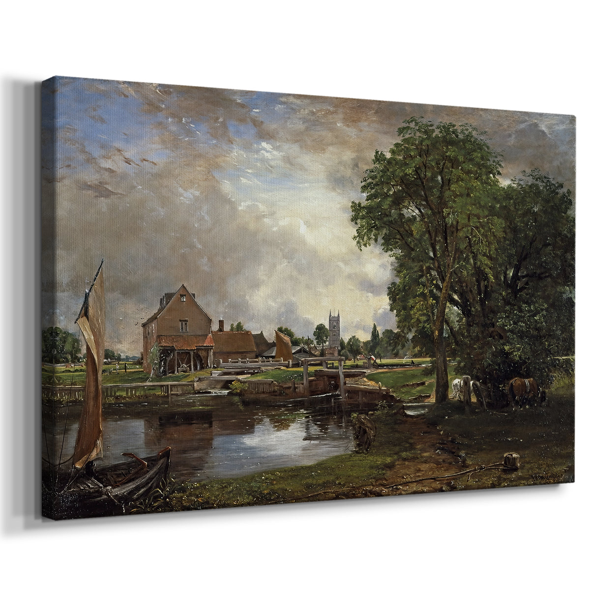 Canvas art print featuring a pastoral riverside scene with mill, displayed at an angle
