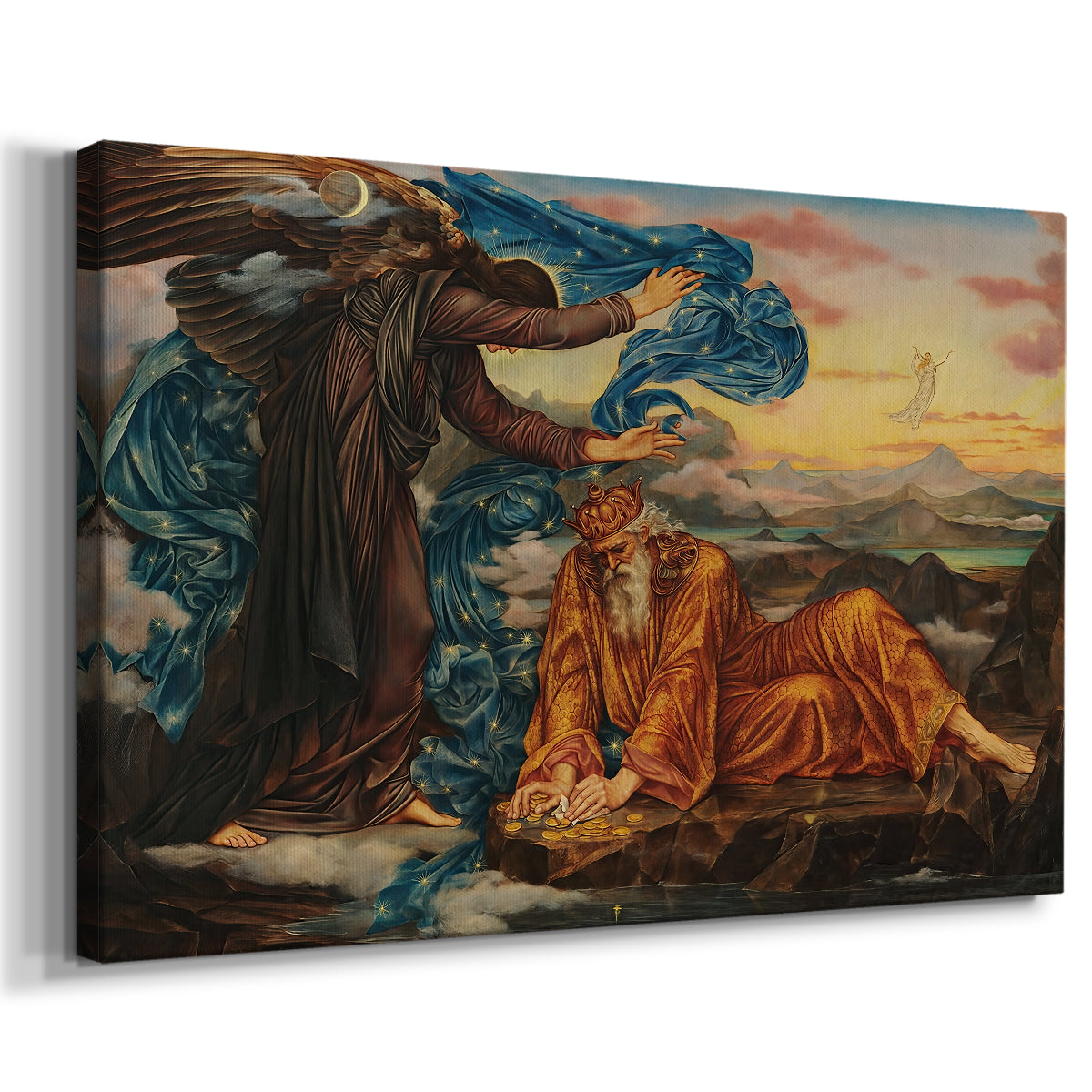 Canvas art print featuring an allegorical scene with woman resting amid flowing drapery and landscape, displayed at an angle
