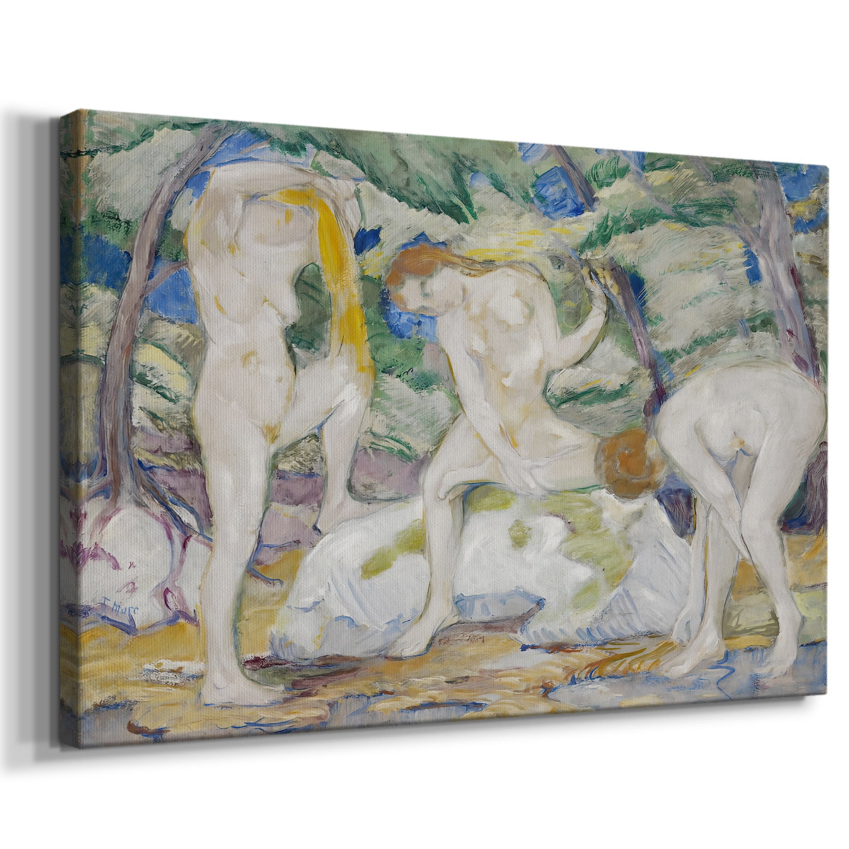 Canvas art print featuring an expressionist scene of female forms blending into natural surroundings, displayed at an angle