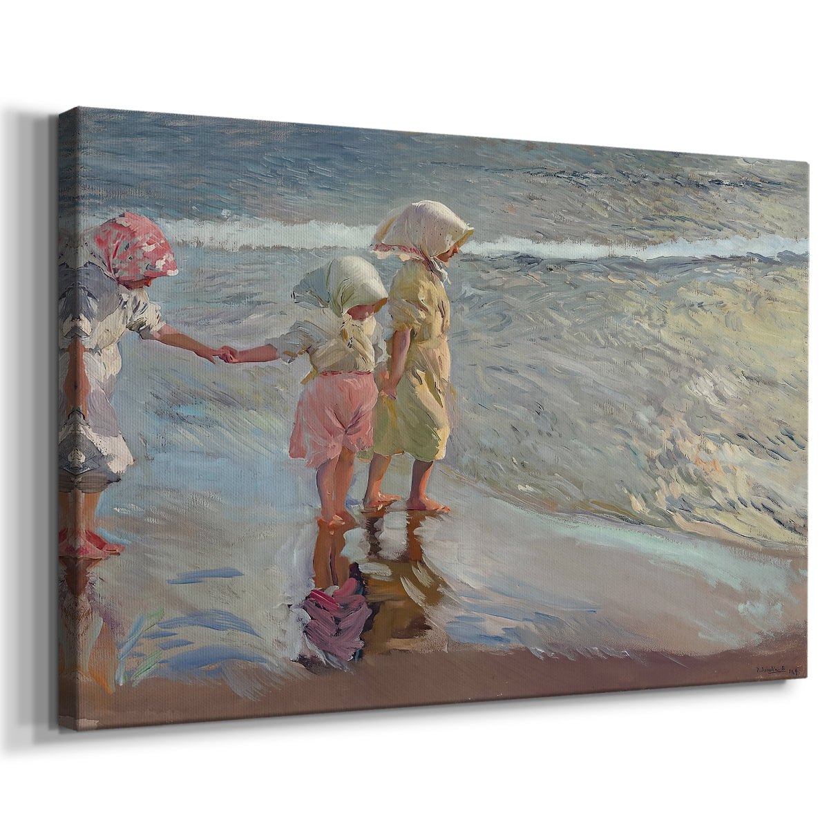 Canvas art print featuring a coastal portrait of figures grouped near shoreline, displayed at an angle