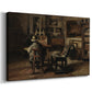Canvas art print featuring a detailed room with scattered objects and work materials, displayed at an angle