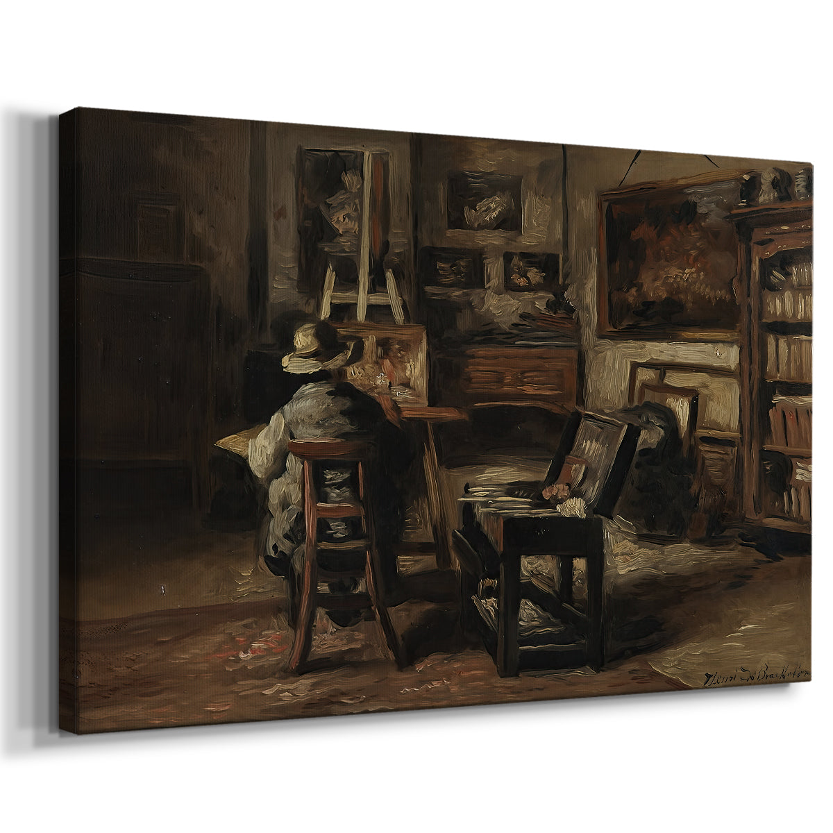Canvas art print featuring a detailed room with scattered objects and work materials, displayed at an angle