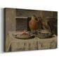 Canvas art print featuring a rustic tabletop scene with ceramic container and items, displayed at an angle