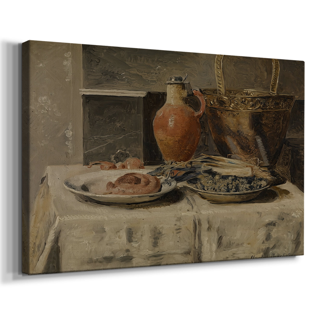 Canvas art print featuring a rustic tabletop scene with ceramic container and items, displayed at an angle