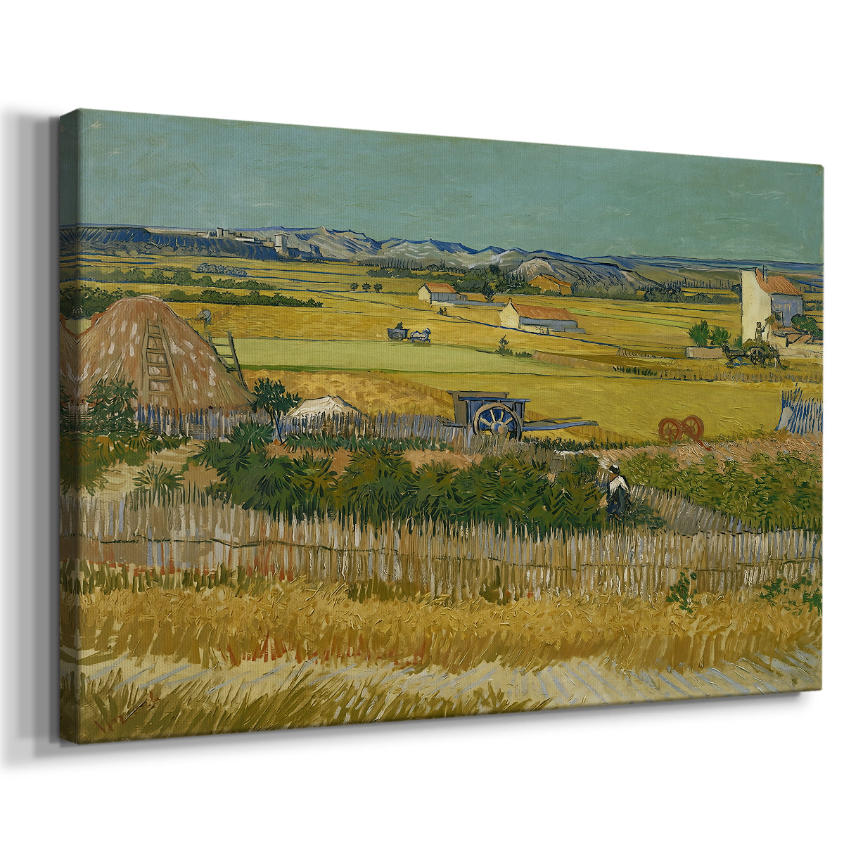 Canvas art print featuring a rural labor scene with fields and agricultural activity, displayed at an angle