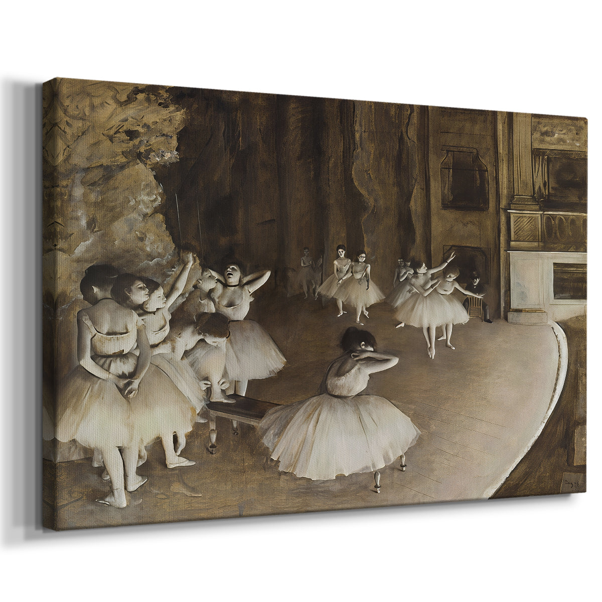 Canvas art print featuring a stage rehearsal scene with dancers preparing performance, displayed at an angle