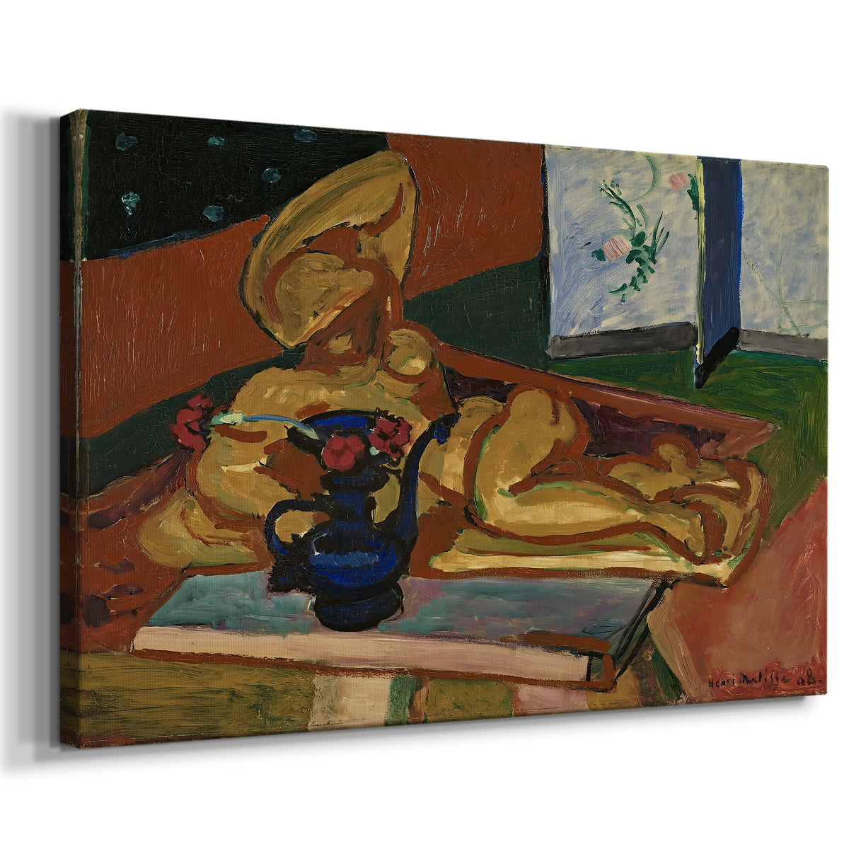 Canvas art print featuring a decorative tabletop arrangement with art objects, displayed at an angle