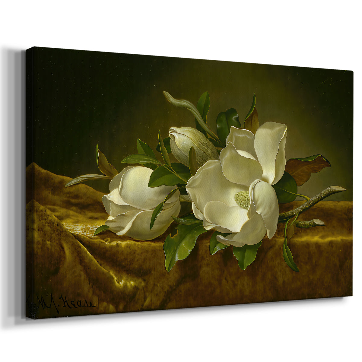 Canvas art print featuring a floral still life with pale flowers, displayed at an angle