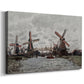 Canvas art print featuring an impressionist view of Dutch windmills along riverbank, displayed at an angle