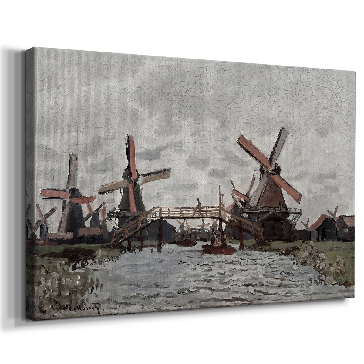 Canvas art print featuring an impressionist view of Dutch windmills along riverbank, displayed at an angle