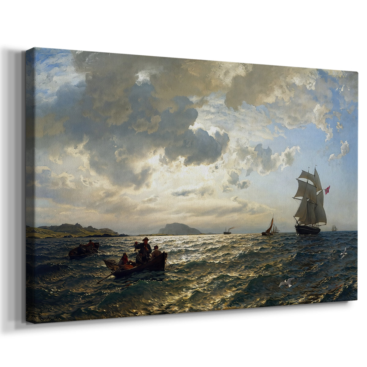 Canvas art print featuring a seaside scene with wind moving water and clouds, displayed at an angle