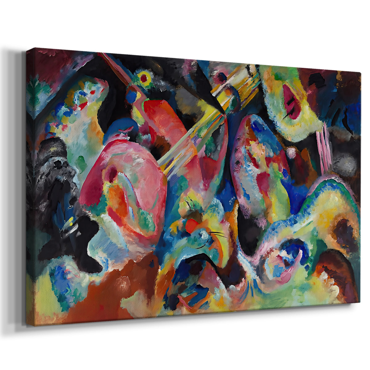Canvas art print featuring an expressive scene with layered shapes creating sense of flood-like energy, displayed at an angle