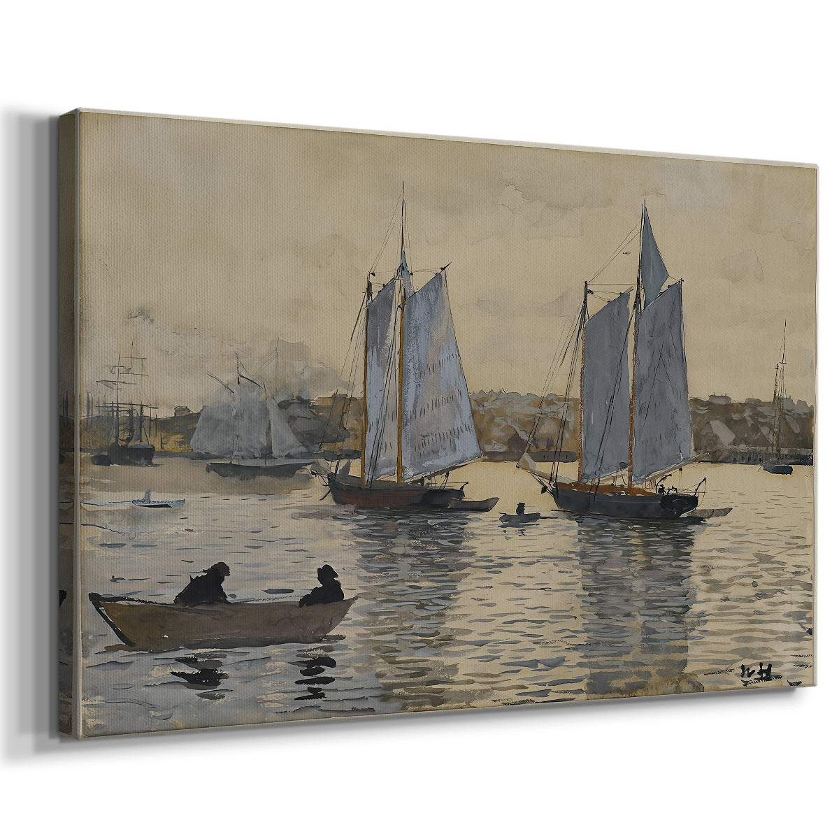 Canvas art print featuring a nautical scene with boats resting on open sea, displayed at an angle