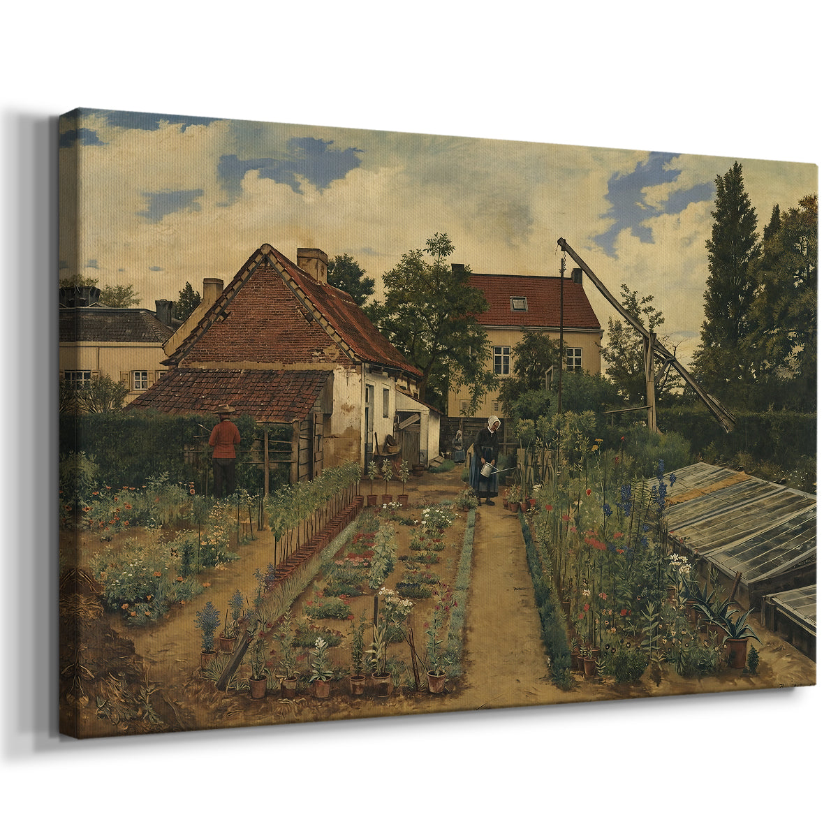 Canvas art print featuring a lush garden scene with cultivated flowers and pathways, displayed at an angle