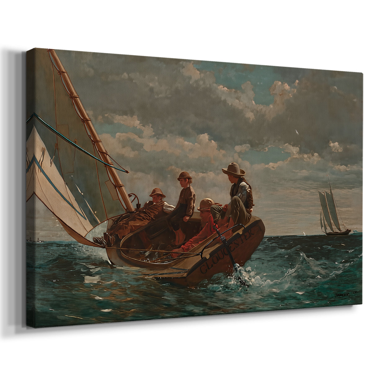 Canvas art print featuring a maritime scene with figures riding steady breeze under full sail, displayed at an angle