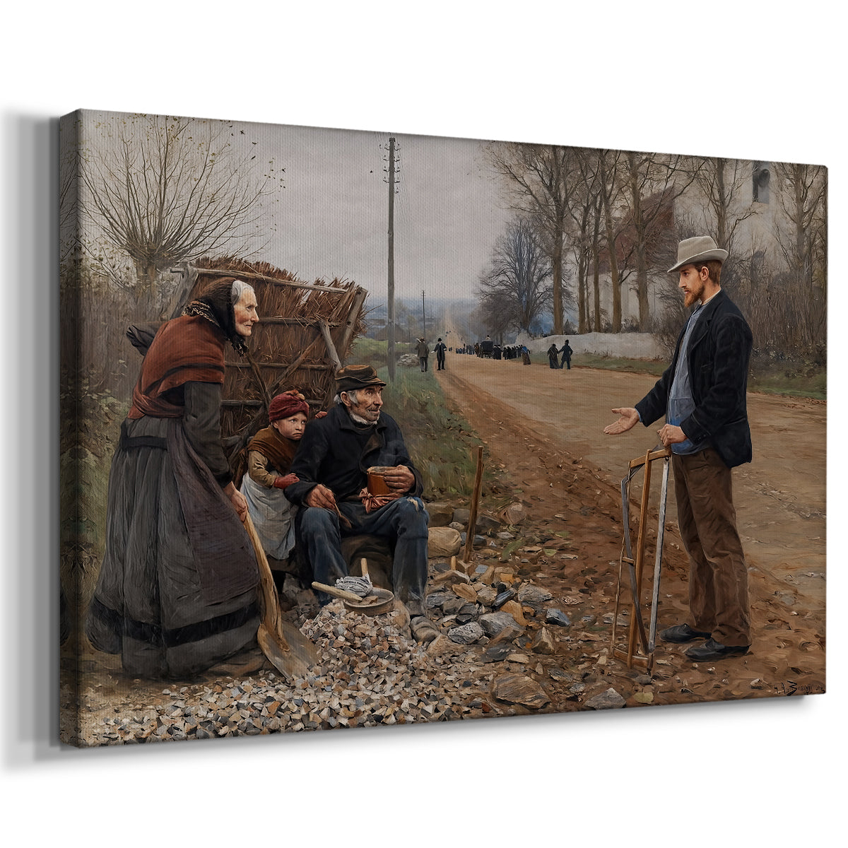 Canvas art print featuring a countryside scene with figures standing beside path, displayed at an angle