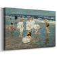 Canvas art print featuring a beach scene with figures bathing and standing in waves under bright sky, displayed at an angle