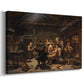 Canvas art print featuring a group of villagers celebrating a hunter's return inside a traditional wooden home, displayed at an angle