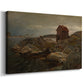 Canvas art print featuring a seaside dwelling with fishing boats and calm water, displayed at an angle