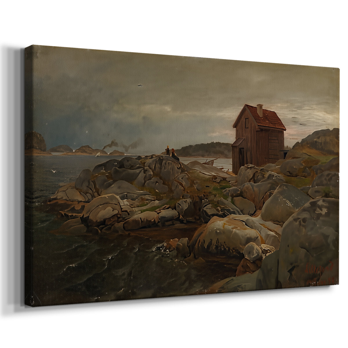 Canvas art print featuring a seaside dwelling with fishing boats and calm water, displayed at an angle