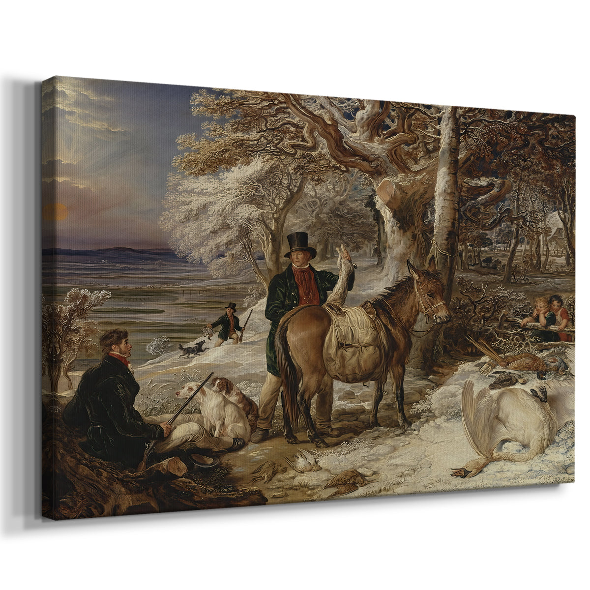 Canvas art print featuring a rural hunting scene with figures and animals at rest, displayed at an angle