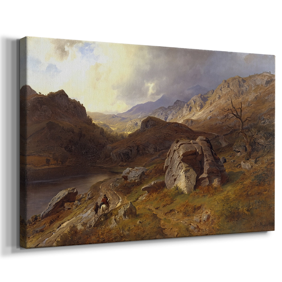 Canvas art print featuring a scenic countryside with mountains and winding waterway, displayed at an angle