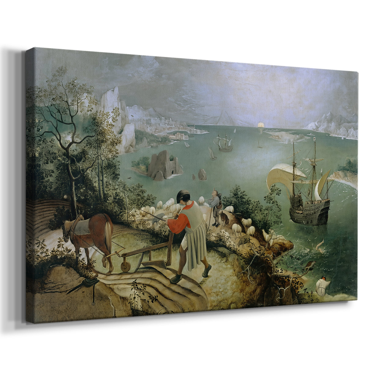 Canvas art print featuring a pastoral scene with subtle mythological event in background, displayed at an angle