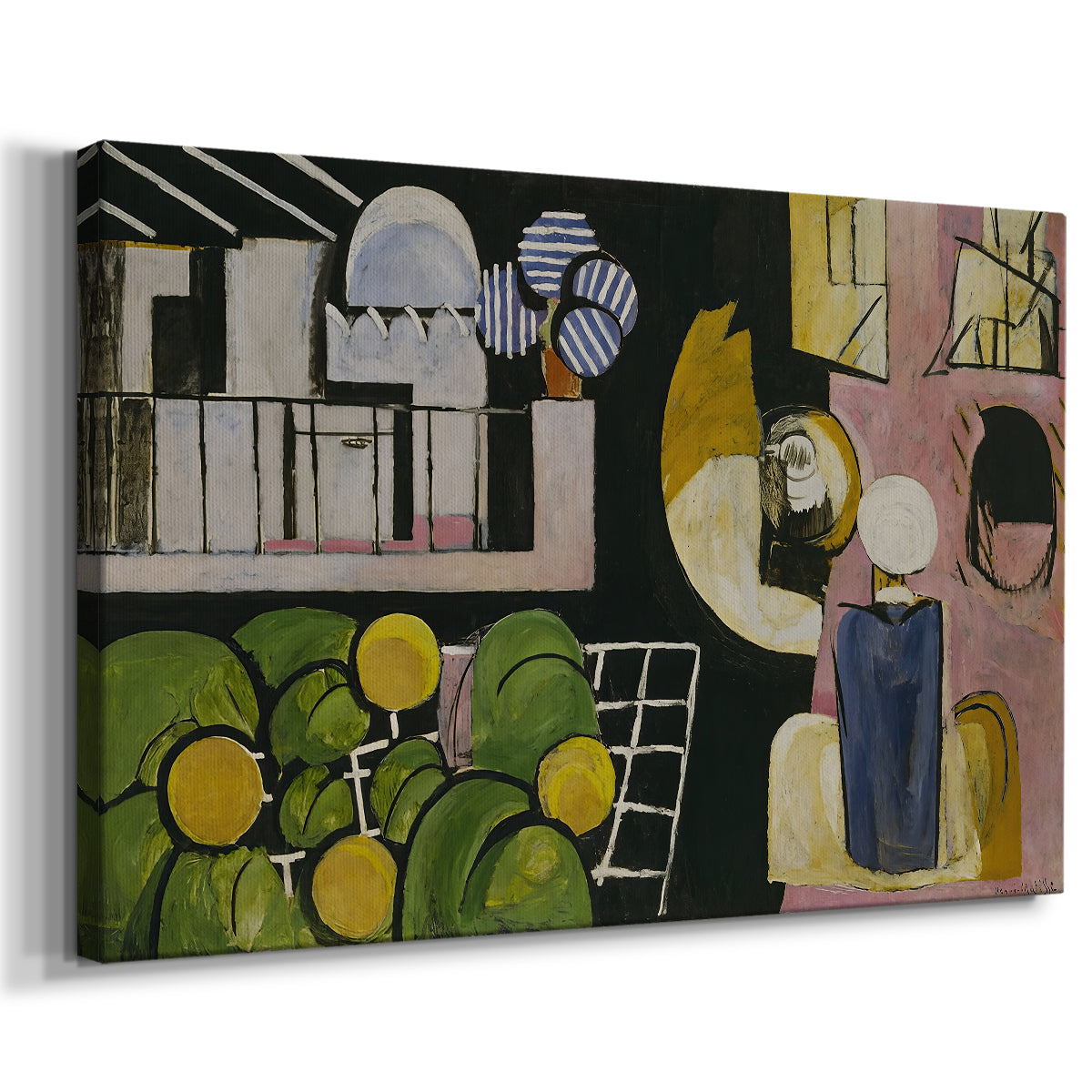 Canvas art print featuring a modernist arrangement of people and objects, displayed at an angle