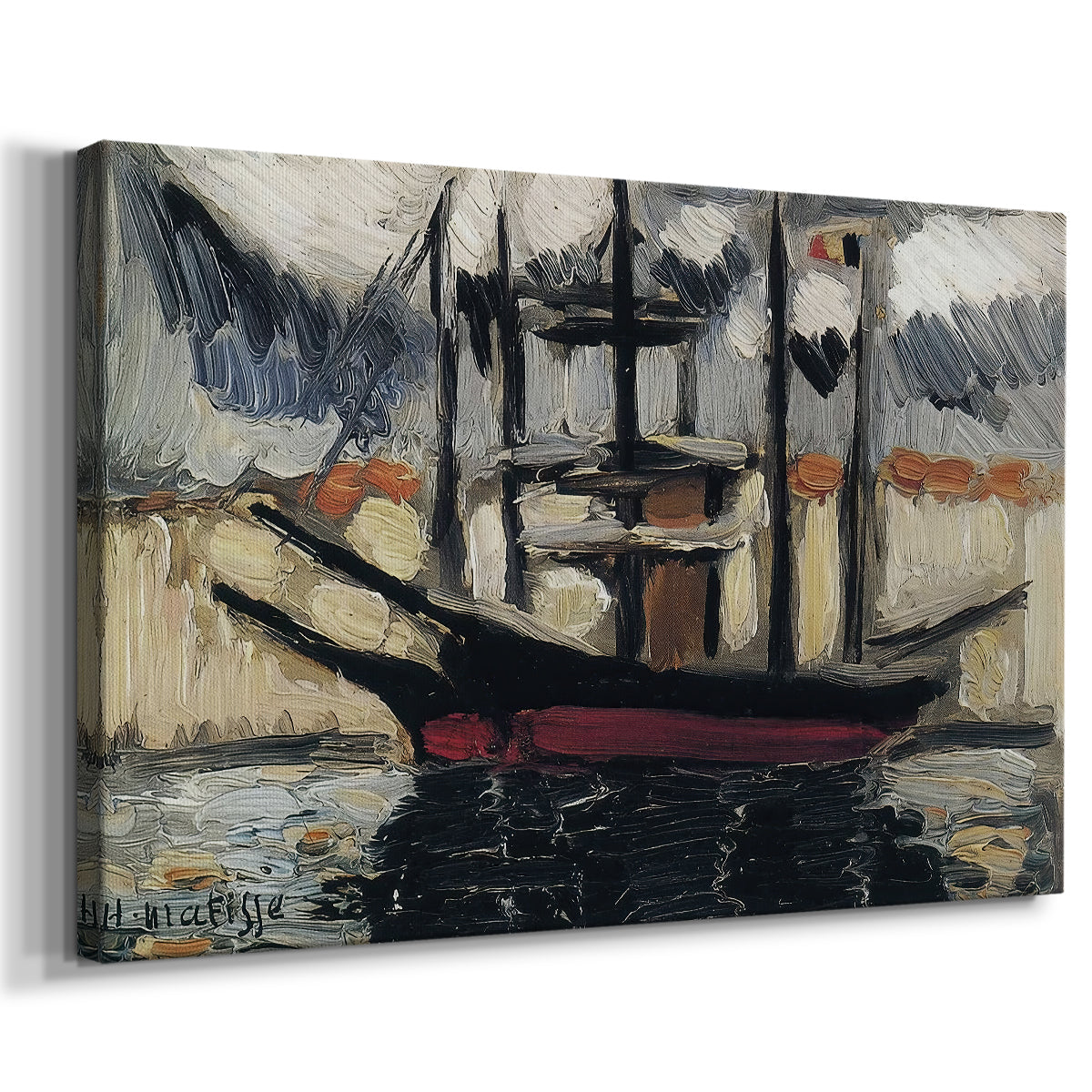 Canvas art print featuring an expressive harbor scene with docked boats, displayed at an angle