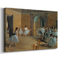 Canvas art print featuring an interior scene of dancers waiting and stretching in large studio, displayed at an angle