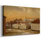 Canvas art print featuring an architectural scene with figures and horses in open courtyard, displayed at an angle